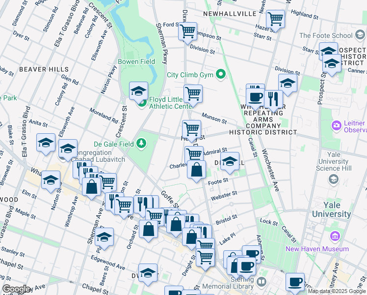 map of restaurants, bars, coffee shops, grocery stores, and more near 725 Orchard Street in New Haven