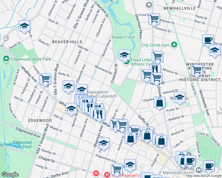 map of restaurants, bars, coffee shops, grocery stores, and more near in New Haven