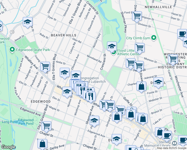 map of restaurants, bars, coffee shops, grocery stores, and more near 573 Winthrop Avenue in New Haven
