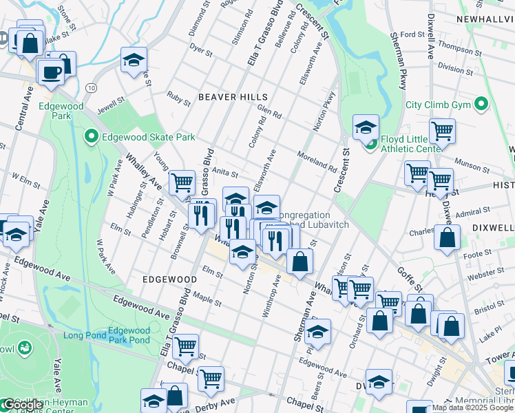 map of restaurants, bars, coffee shops, grocery stores, and more near 374 Ellsworth Avenue in New Haven