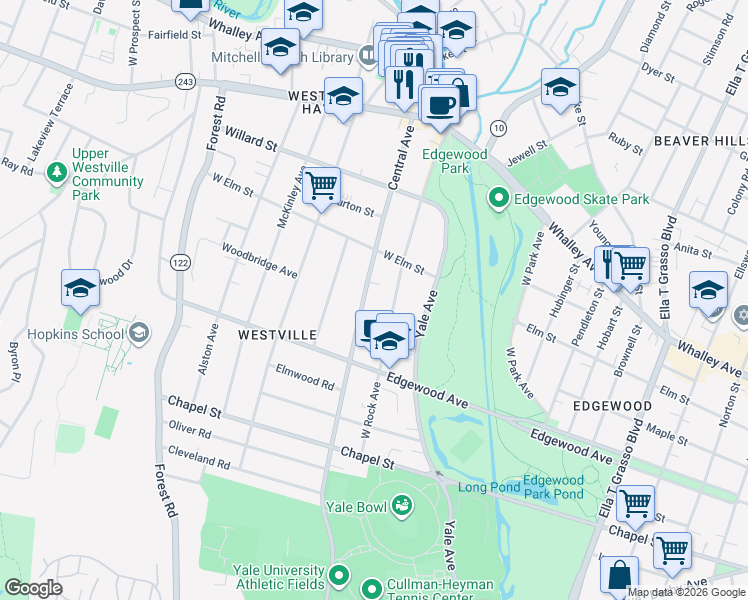 map of restaurants, bars, coffee shops, grocery stores, and more near 421 Central Avenue in New Haven