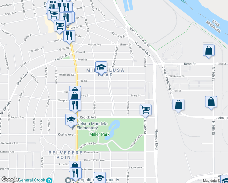 map of restaurants, bars, coffee shops, grocery stores, and more near 6816 Minne Lusa Boulevard in Omaha