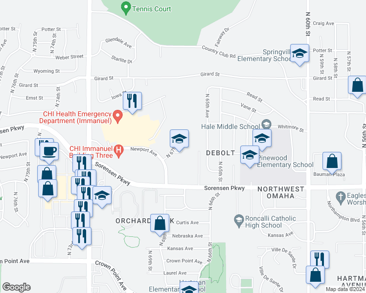 map of restaurants, bars, coffee shops, grocery stores, and more near 6803 North 68th Plaza in Omaha