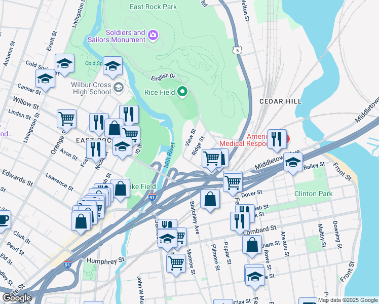 map of restaurants, bars, coffee shops, grocery stores, and more near 26 Ridge Street in New Haven
