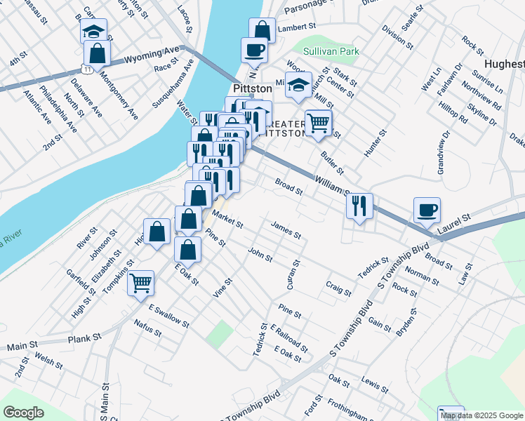 map of restaurants, bars, coffee shops, grocery stores, and more near 113 Broad St in Pittston
