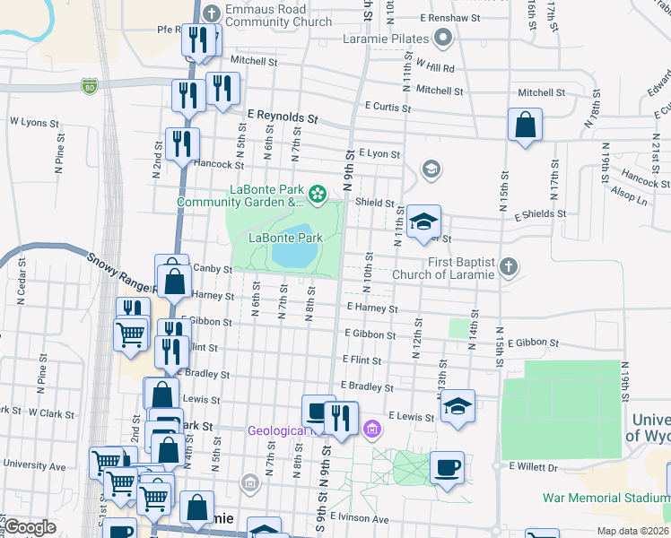 map of restaurants, bars, coffee shops, grocery stores, and more near 956 North 9th Street in Laramie
