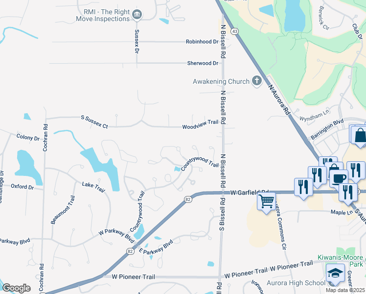map of restaurants, bars, coffee shops, grocery stores, and more near 126 Crystal Lane in Aurora