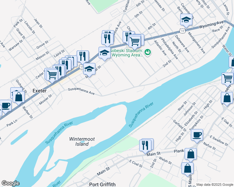 map of restaurants, bars, coffee shops, grocery stores, and more near 163 Susquehanna Avenue in Exeter