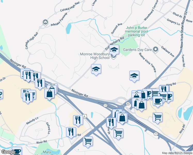 map of restaurants, bars, coffee shops, grocery stores, and more near 199 Dunderberg Road in Woodbury
