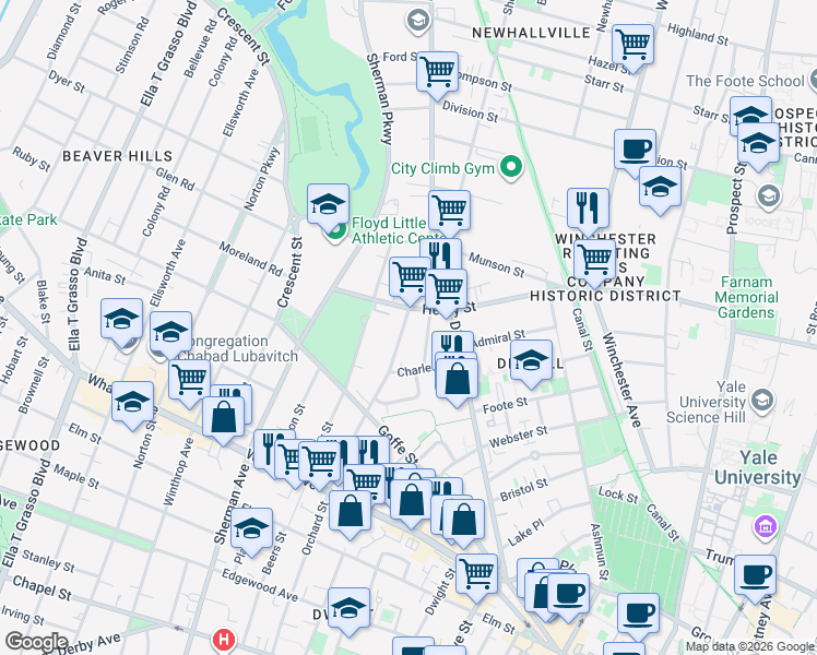 map of restaurants, bars, coffee shops, grocery stores, and more near 719 Orchard Street in New Haven