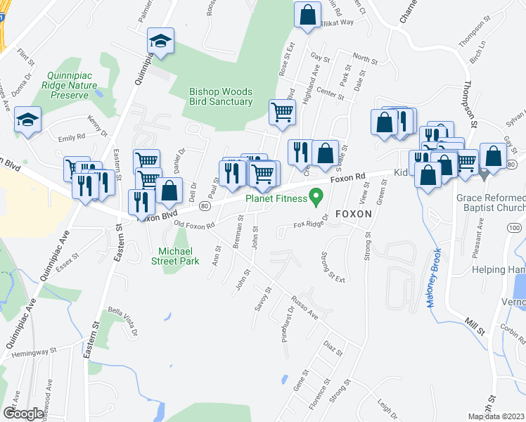 map of restaurants, bars, coffee shops, grocery stores, and more near 69 Old Foxon Road in East Haven