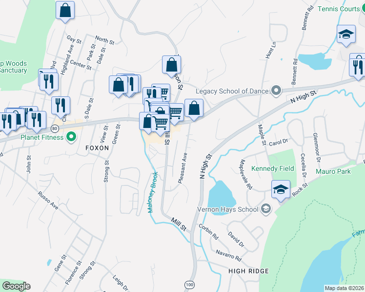 map of restaurants, bars, coffee shops, grocery stores, and more near 201 Mill Street in East Haven