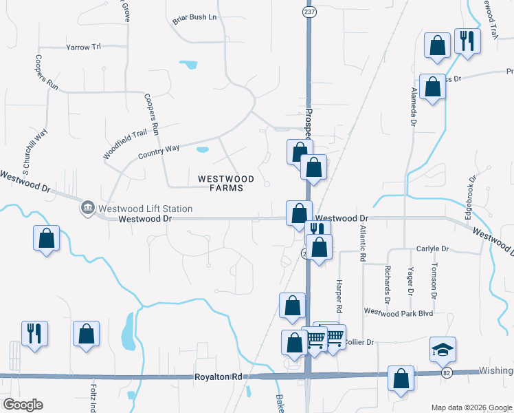 map of restaurants, bars, coffee shops, grocery stores, and more near 21300 Westwood Dr in Strongsville