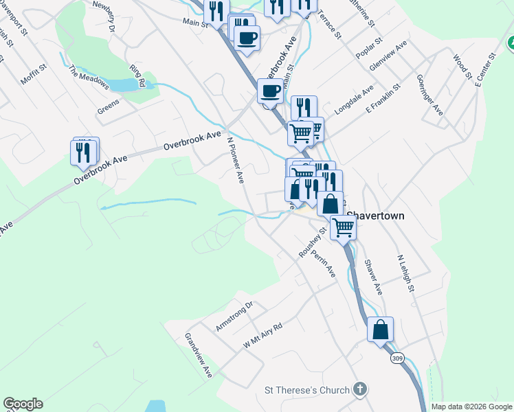 map of restaurants, bars, coffee shops, grocery stores, and more near 160 Brook Street in Shavertown