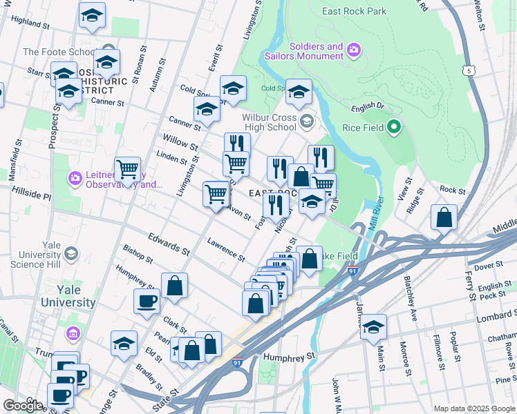 map of restaurants, bars, coffee shops, grocery stores, and more near 14 Linden Street in New Haven
