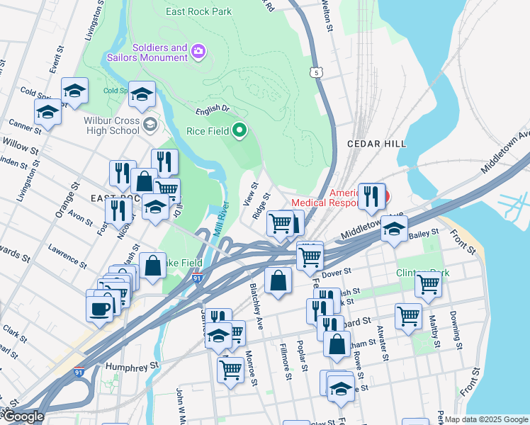 map of restaurants, bars, coffee shops, grocery stores, and more near 156 Cedar Hill Avenue in New Haven