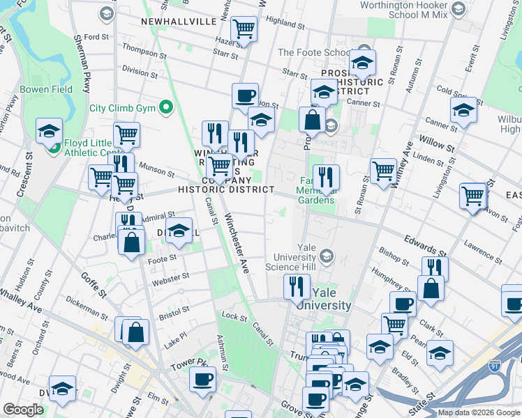map of restaurants, bars, coffee shops, grocery stores, and more near 197 Mansfield Street in New Haven