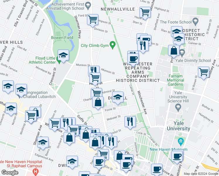 map of restaurants, bars, coffee shops, grocery stores, and more near 63 Admiral Street in New Haven