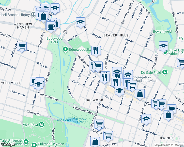 map of restaurants, bars, coffee shops, grocery stores, and more near 551 Whalley Avenue in New Haven