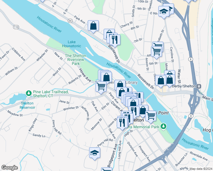 map of restaurants, bars, coffee shops, grocery stores, and more near 615 Howe Avenue in Shelton
