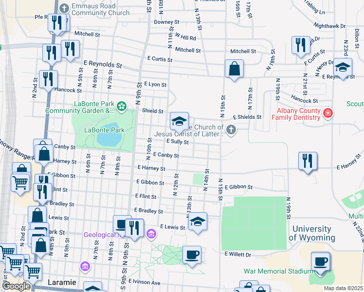 map of restaurants, bars, coffee shops, grocery stores, and more near 967 North 12th Street in Laramie