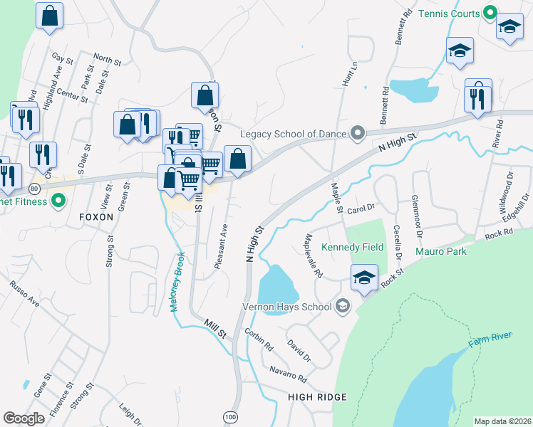 map of restaurants, bars, coffee shops, grocery stores, and more near 1218 North High Street in East Haven