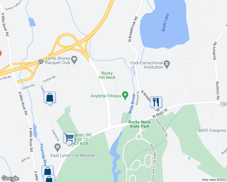 map of restaurants, bars, coffee shops, grocery stores, and more near 9 Freedom Way in East Lyme