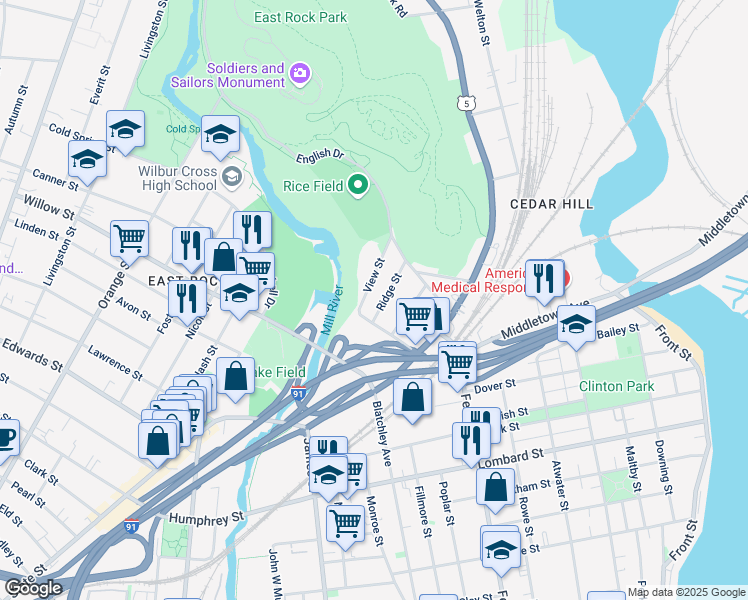 map of restaurants, bars, coffee shops, grocery stores, and more near 26 Ridge Street in New Haven