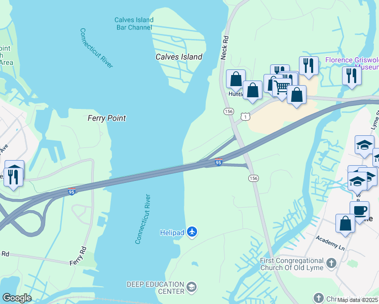 map of restaurants, bars, coffee shops, grocery stores, and more near 142 Old Bridge Road in Old Lyme