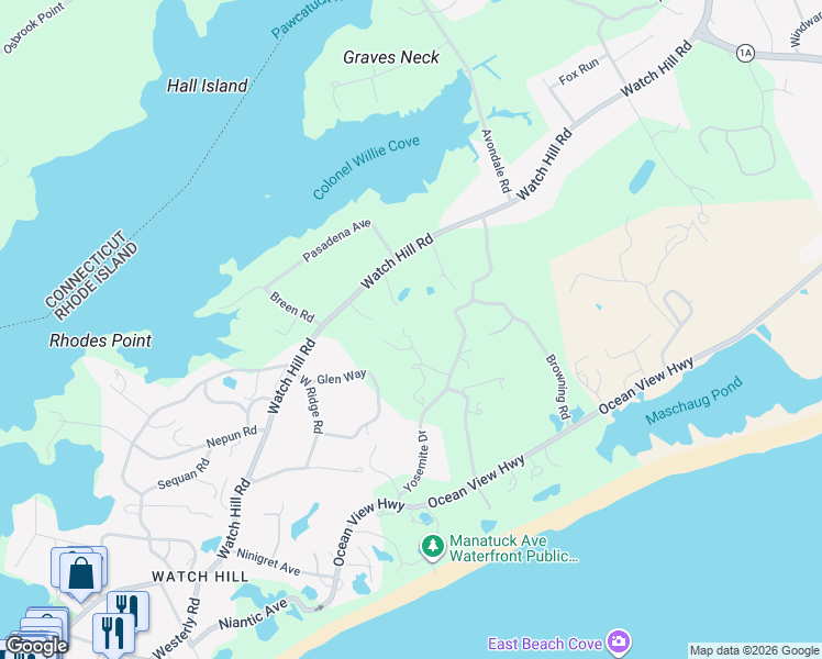 map of restaurants, bars, coffee shops, grocery stores, and more near 24 Yosemite Valley Road in Westerly