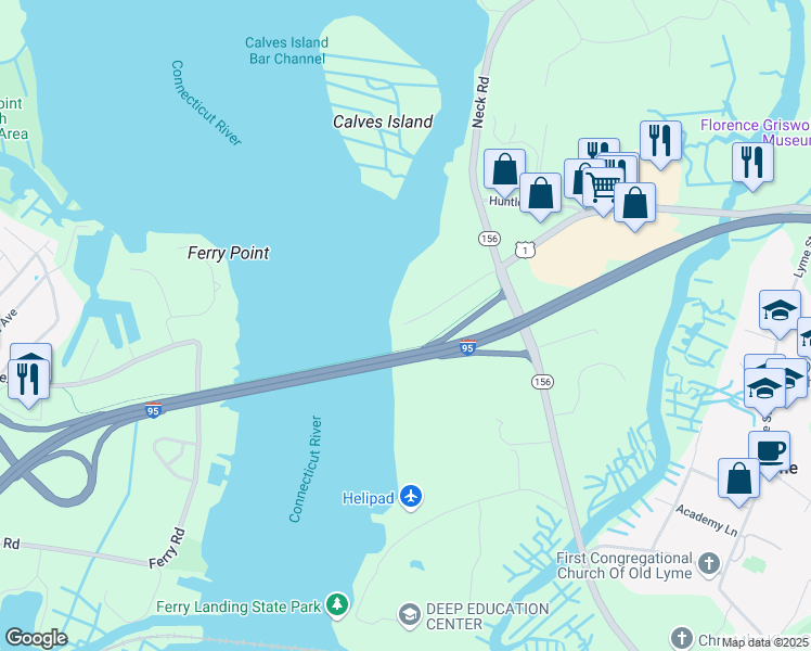 map of restaurants, bars, coffee shops, grocery stores, and more near 142 Old Bridge Road in Old Lyme