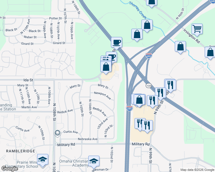 map of restaurants, bars, coffee shops, grocery stores, and more near 10274 Mary Street in Omaha