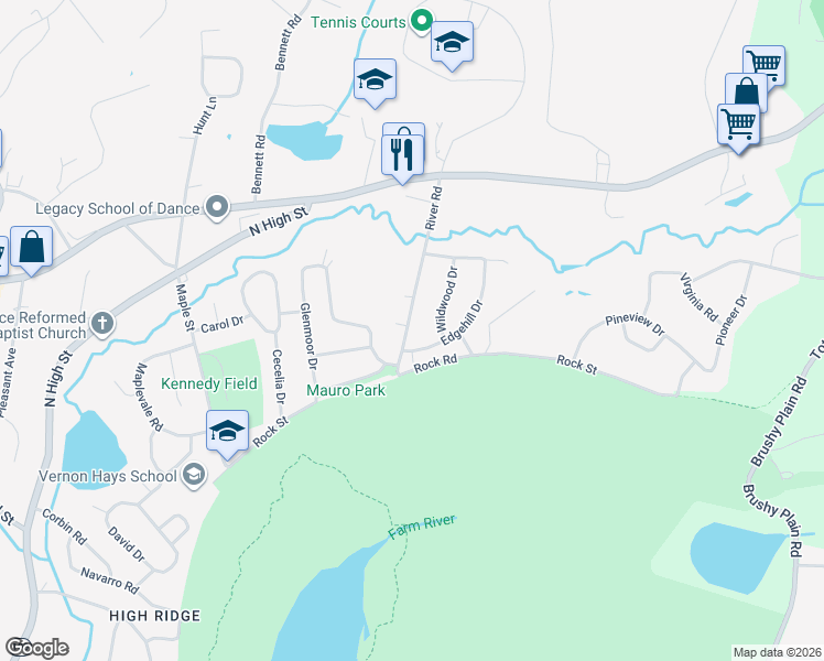 map of restaurants, bars, coffee shops, grocery stores, and more near 13 River Road in East Haven