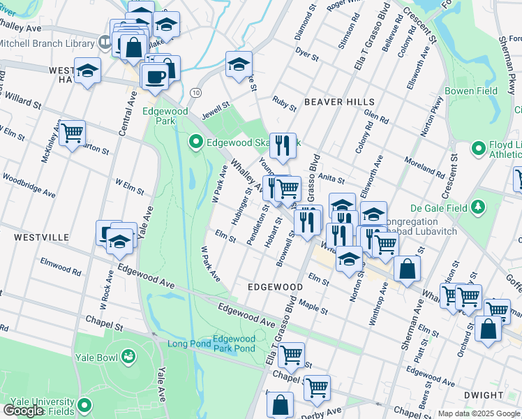 map of restaurants, bars, coffee shops, grocery stores, and more near 142 Pendleton Street in New Haven