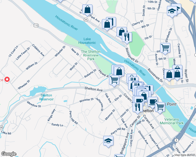 map of restaurants, bars, coffee shops, grocery stores, and more near 8 New Street in Shelton