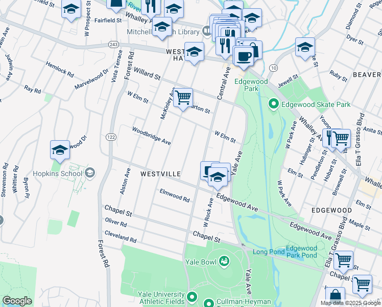 map of restaurants, bars, coffee shops, grocery stores, and more near 63 Marvel Road in New Haven