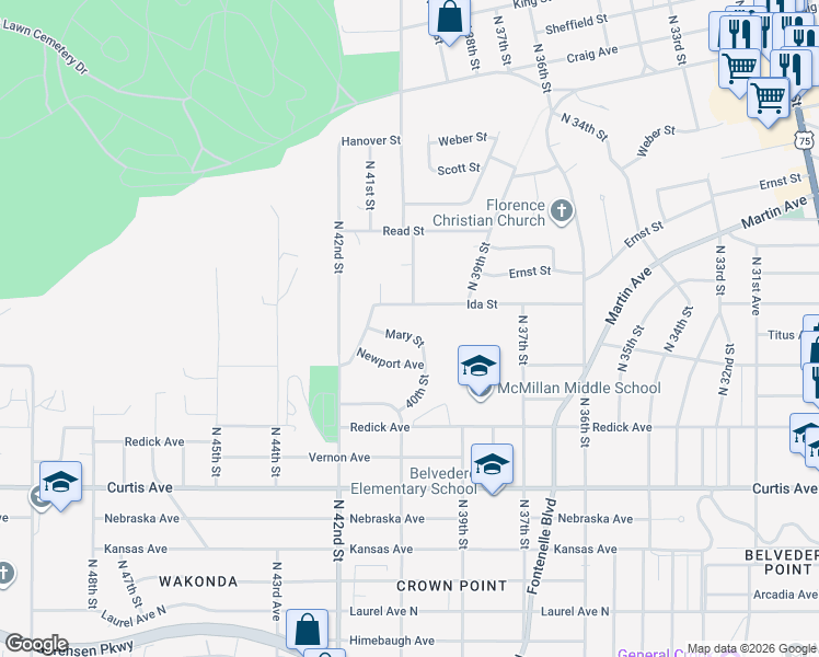 map of restaurants, bars, coffee shops, grocery stores, and more near 4024 Mary Street in Omaha