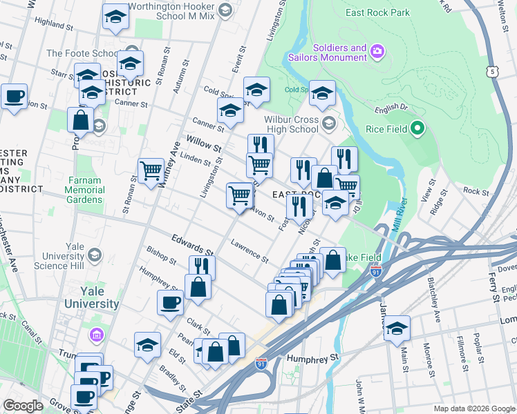map of restaurants, bars, coffee shops, grocery stores, and more near 51 Avon Street in New Haven