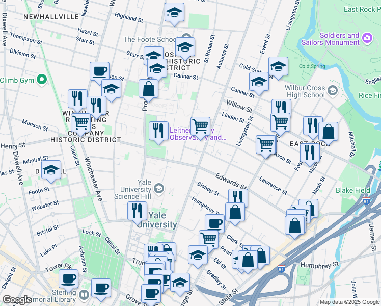 map of restaurants, bars, coffee shops, grocery stores, and more near 298 Lawrence Street in New Haven
