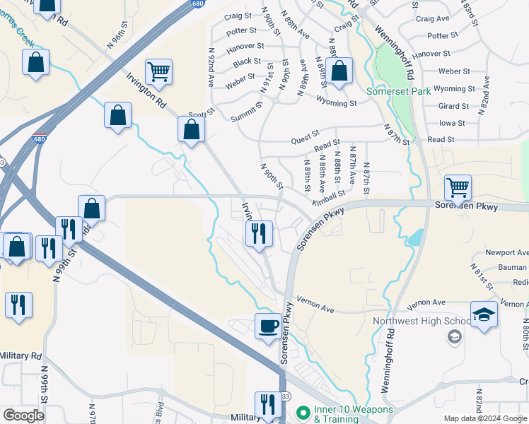map of restaurants, bars, coffee shops, grocery stores, and more near 9007 Mary Plaza in Omaha