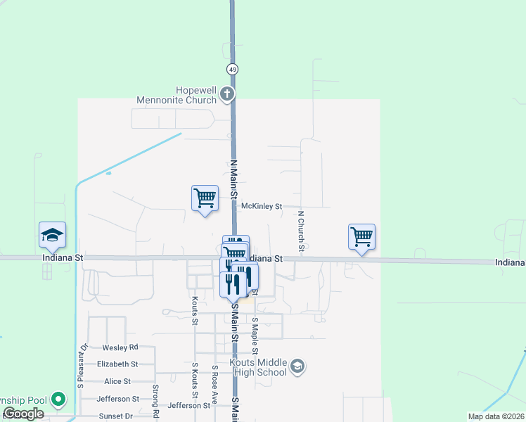 map of restaurants, bars, coffee shops, grocery stores, and more near 100-198 McKinley Street in Kouts