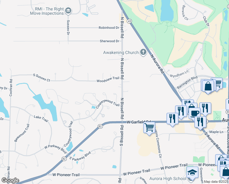 map of restaurants, bars, coffee shops, grocery stores, and more near 136 Ashland Lane in Aurora