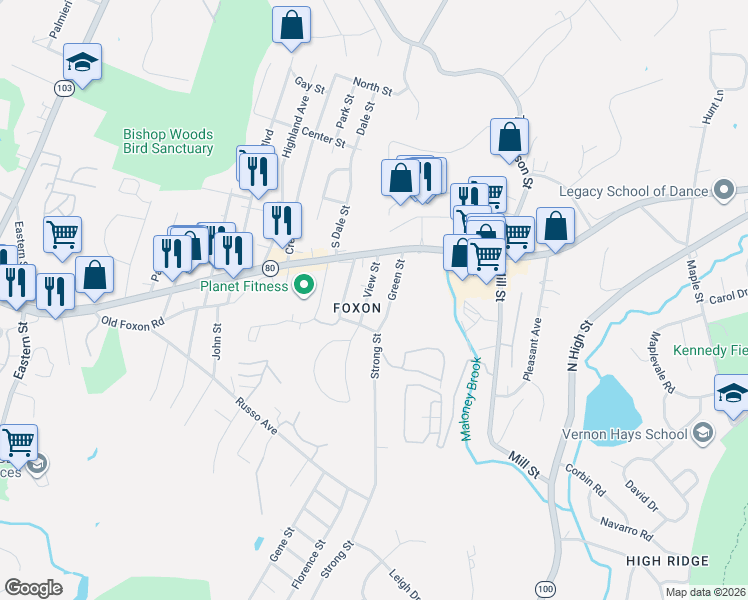 map of restaurants, bars, coffee shops, grocery stores, and more near 25 View Street in East Haven