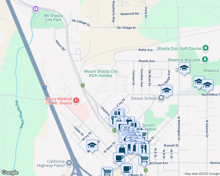 map of restaurants, bars, coffee shops, grocery stores, and more near 216 East Hinckley Street in Mount Shasta