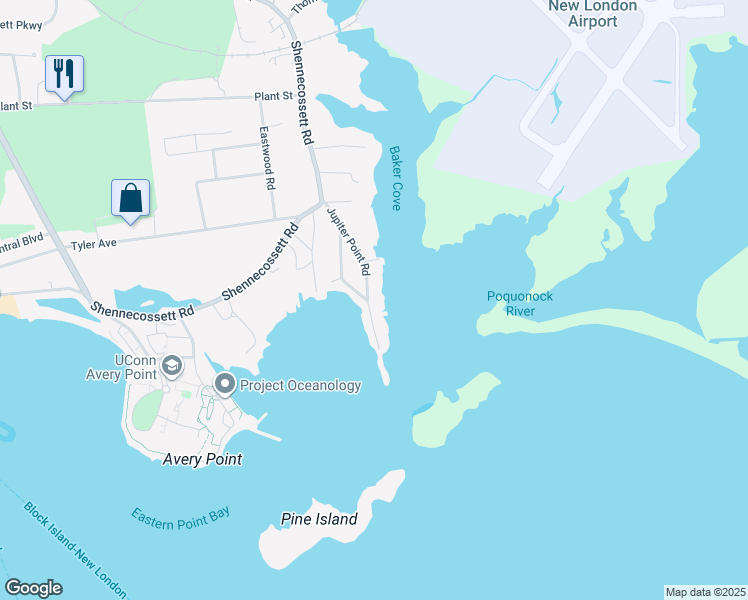 map of restaurants, bars, coffee shops, grocery stores, and more near 128 Jupiter Point Road in Groton