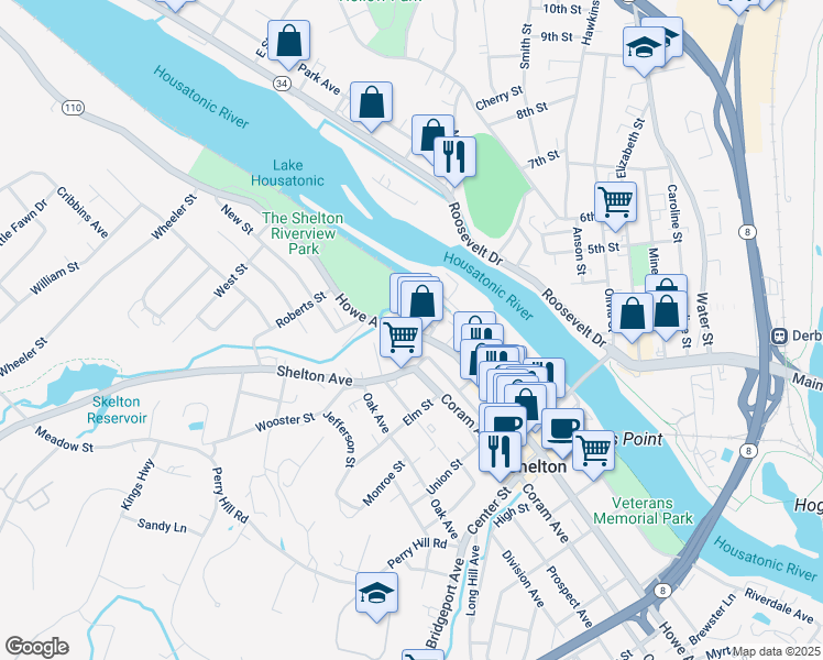 map of restaurants, bars, coffee shops, grocery stores, and more near 615 Howe Avenue in Shelton