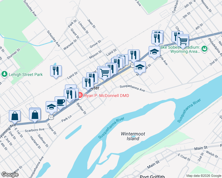 map of restaurants, bars, coffee shops, grocery stores, and more near 320 Susquehanna Avenue in Exeter