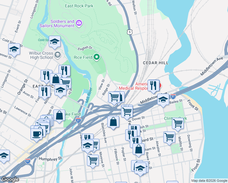 map of restaurants, bars, coffee shops, grocery stores, and more near 156 Cedar Hill Avenue in New Haven