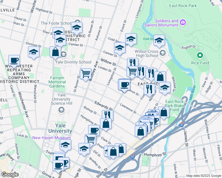 map of restaurants, bars, coffee shops, grocery stores, and more near 94 Cottage Street in New Haven