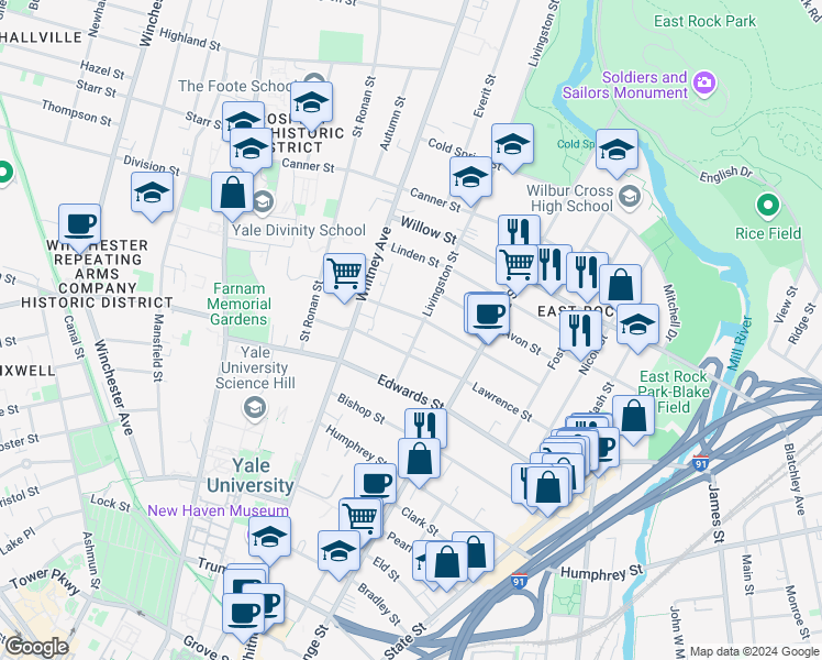 map of restaurants, bars, coffee shops, grocery stores, and more near 235 Lawrence Street in New Haven